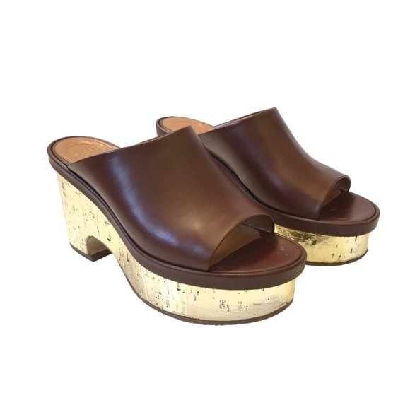 Chloe Oil Leather Cork Mule Platform Sandals Womens 41 Brown Gold Leather Slides - Picture 5 of 12